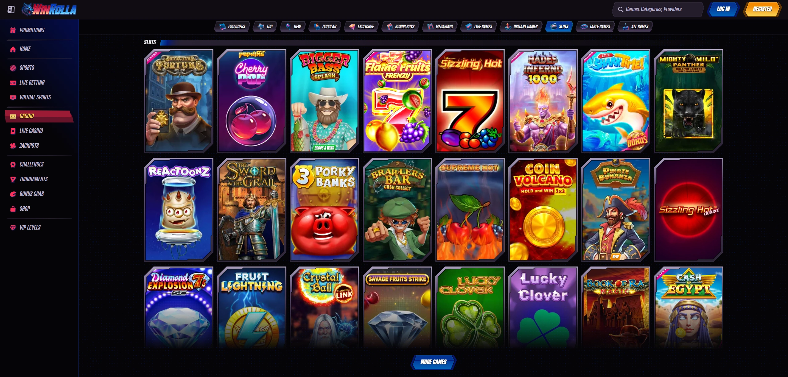 Selezione di giochi e slot machine su WinRolla
